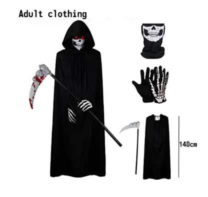 2026Halloween New Party Role Playing Children Adult Death Black Cloak Halloween Skull Ball Costume Prop Set Children Adult Gift