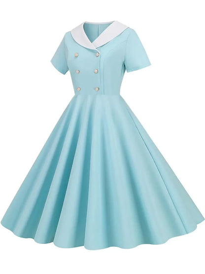 Summer Midi Dress Women Elegant Pink Vintage Party Sundress Casual Peter pan Collar Short Sleeve Dress