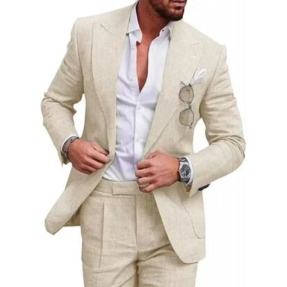 Men's Linen Suit 2 Piece Slim Fit Suit Summer Beach Wedding Suit Groosmen Prom Tuxedo Linen Blazer Pants Set
