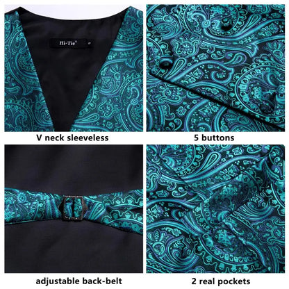 Slim 4PC Vest Necktie Pocket Square Cufflinks Silk Men's Waistcoat Neck Tie Set for Suit Dress Wedding Paisley Floral Vests Gift