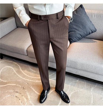Autumn Winter New Thickened Wool Striped Suit Pants Men's High Qualitys Elastic Waist Slim Fit Business Casual Trousers 38-29
