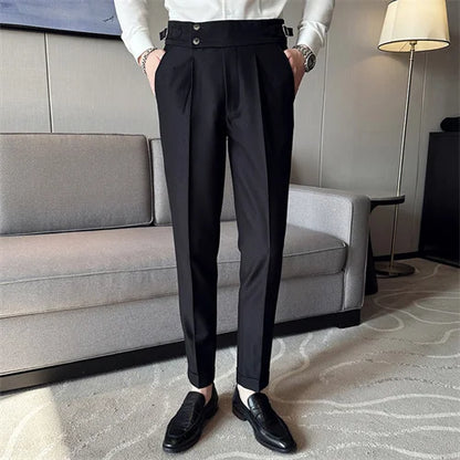 Pure Color Male Business Wedding Dress Pants Fashion Unique Design Men Waist Adjustable Suit Pant No Belt Slim Trousers Homme
