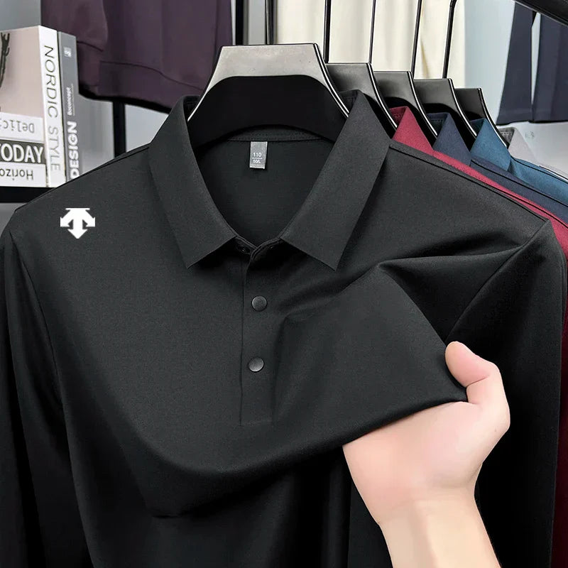 Luxury Quality Men's Polo Shirt No Trace Simple Solid Color Geometric Print Long Sleeve Autumn Lapel T-Shirt Business Menswear