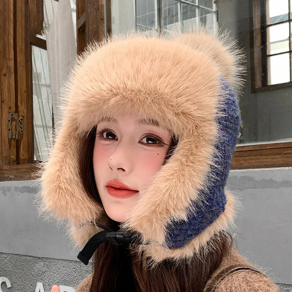 Russian Hat Ushanka Thick Warm Fluffy Fur Hat Women Snow Ski Earflap Cap Female Knitted Hat Skullies Beanies Bomber Hats