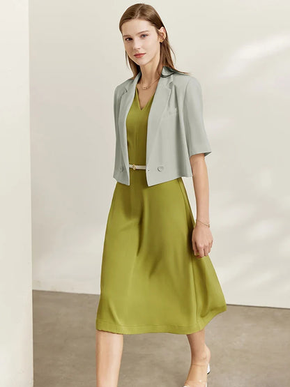 Minimalism Women's Jacket Casual Blazer 2024 Summer Shirts Office Lady Black Business Blazers Short Sleeve Tops 12322062