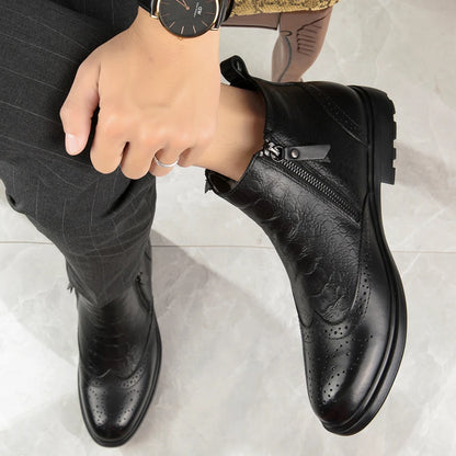 2025 Men Winter Plush Snow Boots Genuine Leather Men Side Zipper Ankle Boots Fashion Men Casual Low Top Shoes All-match Men Shoe