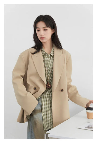 Women Blazers Solid Loose Double-breasted Wide Shoulder Office Ladies Suit Jacket Oversized Coat Spring Autumn 2026