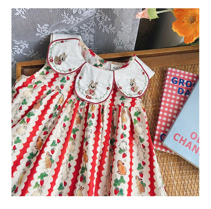 Flower Collar Rabbit Embroidered Girls' Dress 2025 Summer Style Cartoon Print Sweet and Cute Baby Sleeveless Dress