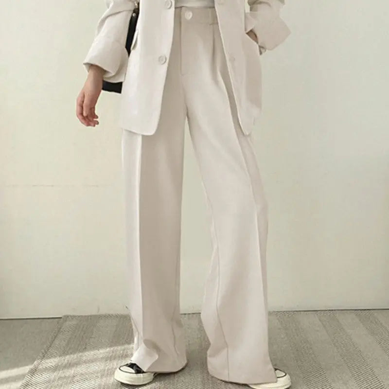 Casual Notch Lapel Suit Set with Button Thick Wide Leg Small Suit Pants High Waist Drape Polyester Business Lady Style Women