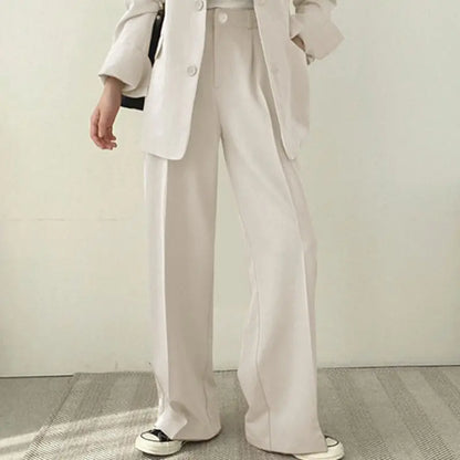 Casual Notch Lapel Suit Set with Button Thick Wide Leg Small Suit Pants High Waist Drape Polyester Business Lady Style Women