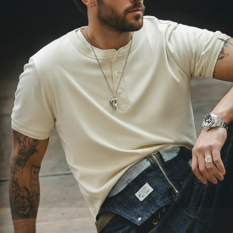 Cotton Men's Henry T-Shirts Soft Breathable Vintage Tops Tee Shirt Solid Casual Classic Buttons Shirt Hot Man Clothing