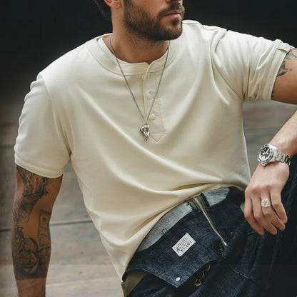 Cotton Men's Henry T-Shirts Soft Breathable Vintage Tops Tee Shirt Solid Casual Classic Buttons Shirt Hot Man Clothing