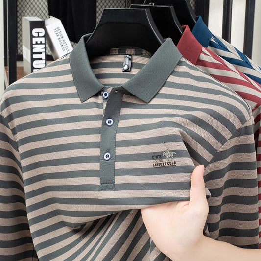 2025 new spring and autumn season new men's striped long sleeved T-shirt business casual lapel polo shirt base top