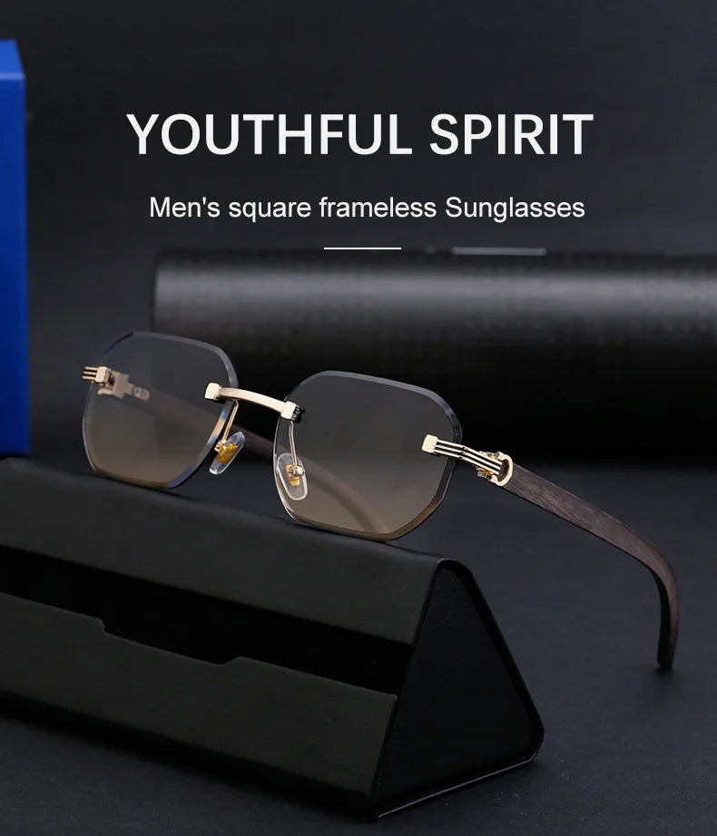 2026 Wooden Rimless Sunglasses Women Trendy Vacation Sunscreen Square Sunglass Men Luxury Vintage Retro Fashion Glasses Occhiali