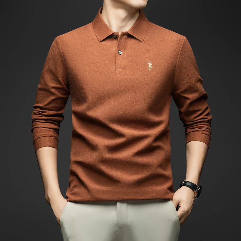 100% Pure Cotton Men's Long Sleeved Polo Shirt, Collar T-shirt, Spring and Autumn Top, No Ironing, Wrinkle Resistant Embroidery