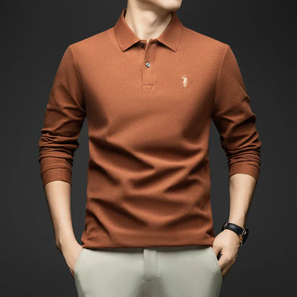 100% Pure Cotton Men's Long Sleeved Polo Shirt, Collar T-shirt, Spring and Autumn Top, No Ironing, Wrinkle Resistant Embroidery