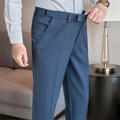 High Quality Hidden Elastic Waistband Metal Decorative Design Casual Pants Fashion Striped Slim Fit Office Social Men's Trousers