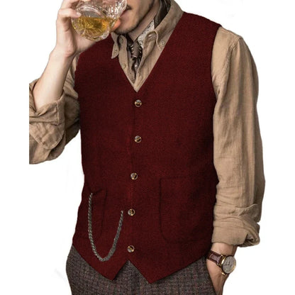 Men Vest Coffee Herringbone Solid Single Breasted Waistcoat For Wedding Business Banquet Party Work Daily Casual Men Suit Vest