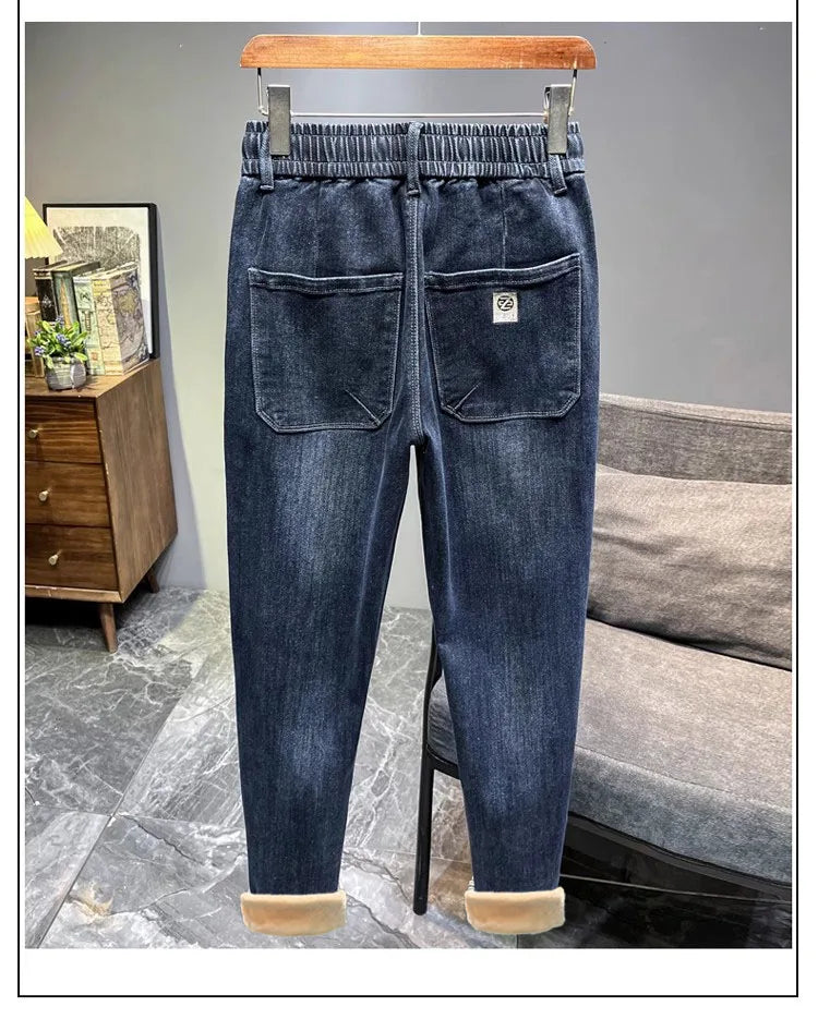Warm Fleece Lined Elastic Waist Casual Straight Leg Men's Jeans Premium Quality Autumn Winter Thickened Stretch Denim Pants