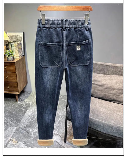 Warm Fleece Lined Elastic Waist Casual Straight Leg Men's Jeans Premium Quality Autumn Winter Thickened Stretch Denim Pants