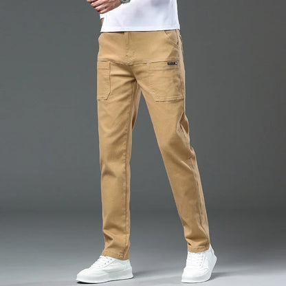 Spring and Autumn Men's Multi-Pocket Design Jeans Fashionable and Versatile White Khaki Red Comfortable Stretch Denim Pants
