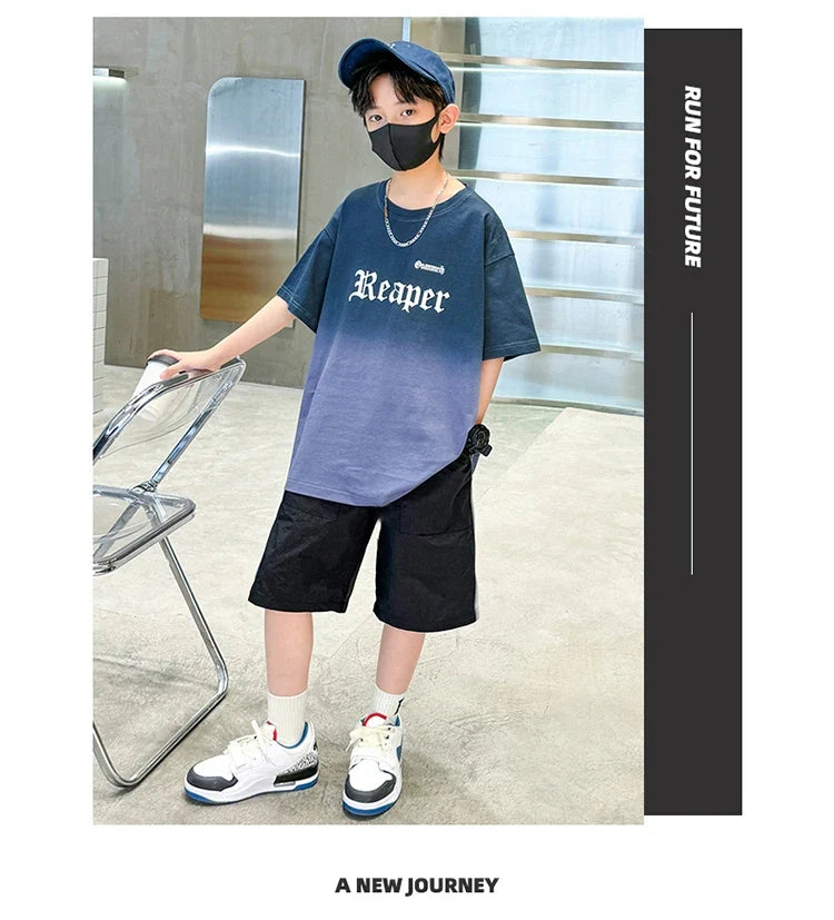 Children Summer Set for Boy Cotton Short Sleeve T-shirt And Shorts Clothing Set Kids Hip Hop Rapper Outfit Suit 2 Pcs Tracksuit