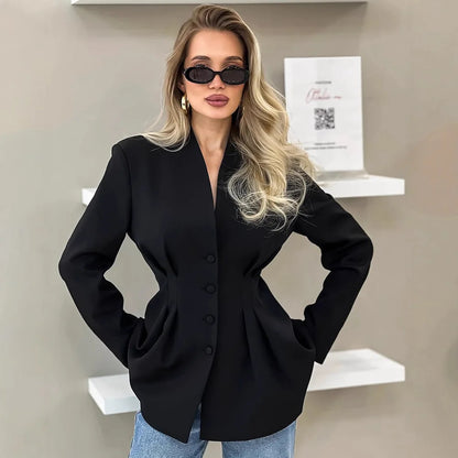 Elegant V-neck Tunics Black Suit 2026 Spring Women's Long Sleeve Single Breasted Slim Blazers Ruched Outerwear Streetwear