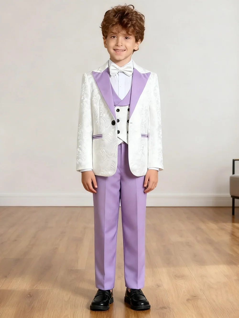 Stylish Notched Lapel Purple Suit Set For Kids Wedding Suits For Flower Boy Kids Formal Suit Set 4 Pieces Classy Tuxedo Suit