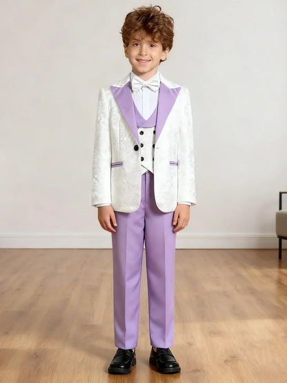 Stylish Notched Lapel Purple Suit Set For Kids Wedding Suits For Flower Boy Kids Formal Suit Set 4 Pieces Classy Tuxedo Suit