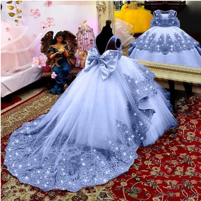 Custom Flower Girl Dress First Christmas Dress Wedding Party Gown Mint Green Lace Beaded Train Kids Evening Dress فساتين