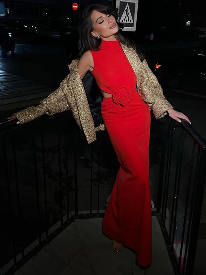 Elegant Sexy Hollow Out Maxi Dresses Fashion Solid Regular Casual Sleeveless Slim Bodycon Party Vestidos Robes Female