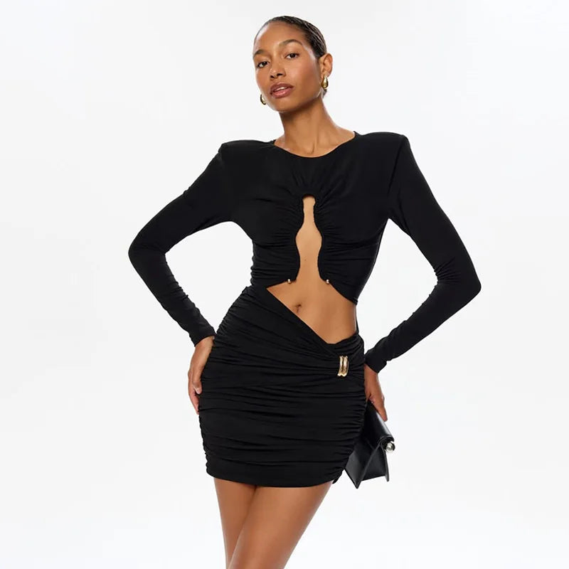 Solid Dresses For Women Fashion Sexy Club Long Sleeves Hollow Out O-Neck Hip Wrap Sheath Mini Vestidos Robes Female Streetwear