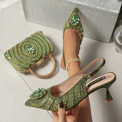 Wome High Heel for Lady 2025 Luxury Designer Orange Color Full Diamond Pointed Toe Wedding Shoe and Bag Set for Party