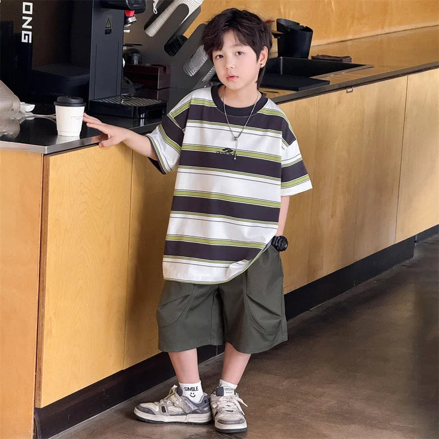 New Arrival Stylish Kids Summer Striped Suit for Teenage Boy Fashion Street Clothing Children Casual T-shirt Shorts 2PCS Set