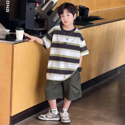 New Arrival Stylish Kids Summer Striped Suit for Teenage Boy Fashion Street Clothing Children Casual T-shirt Shorts 2PCS Set