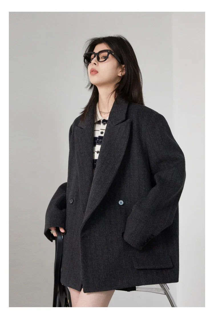 Women Woolen Blazer Loose Vintage V Neck Female Jacket Suit Double Breasted Office Ladies Coat Spring Autumn 2025