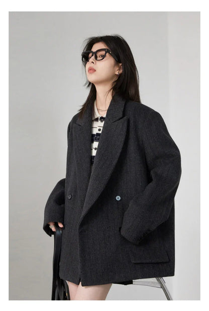 Women Woolen Blazer Loose Vintage V Neck Female Jacket Suit Double Breasted Office Ladies Coat Spring Autumn 2025
