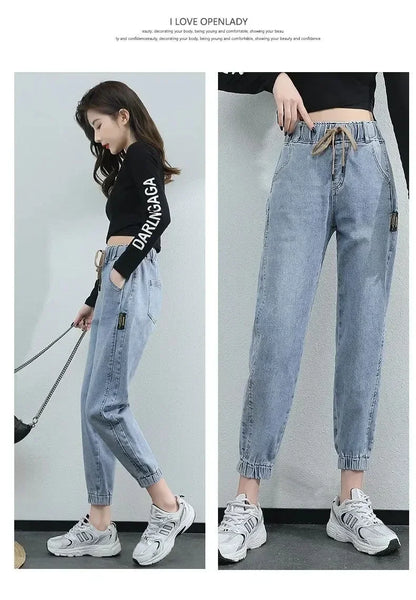Cargo Jeans Women 2024 Spring and Autumn Korean Version of High Waist Pants Loose Slimming Straight Leg Bundle Haren Pants Tide