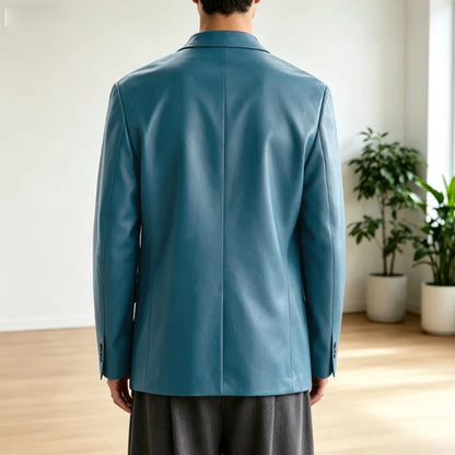 Luxury Men's PU Leather Blazer Collarless Jacket Loose 1 Button Elegant Solid Color Coat for Party Wedding Office Daily Wear