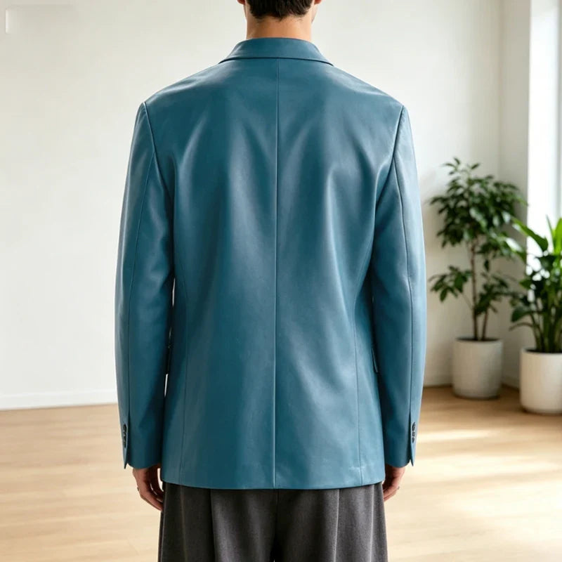 Luxury Men's PU Leather Blazer Collarless Jacket Loose 1 Button Elegant Solid Color Coat for Party Wedding Office Daily Wear