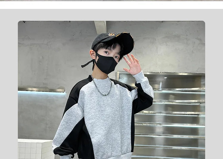 Spring Boys Black x Grey Contrast Pullover Sweatshirt+Sweatpant Work Set School Kid 2PCS Tracksuit Children Jogger Outfit 5-16Yr