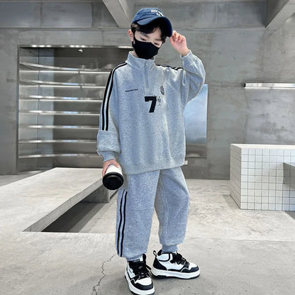 SpringAutumn Boys Cotton Half Zip Pullover Sweatshirt+Sweatpant Work Set School Kid 2PCS Tracksuit Children Jogger Outfit 5-16Yr
