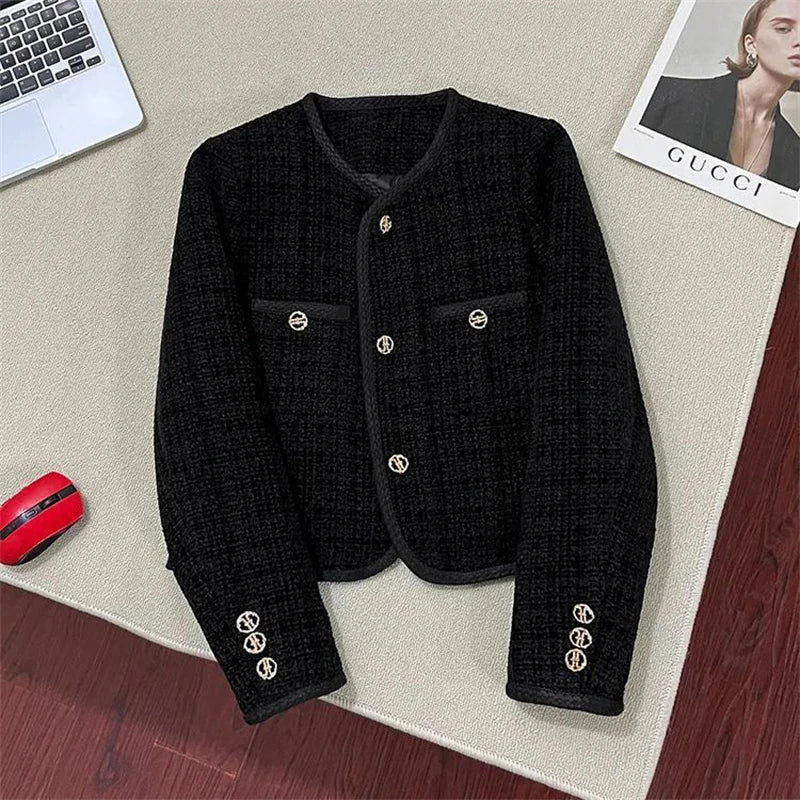 Spring Autumn New Single Breasted Pockets Round Neck Short Women Suit Jackets Long Sleeve Black WineRed Ladie Blazer Tops Trend