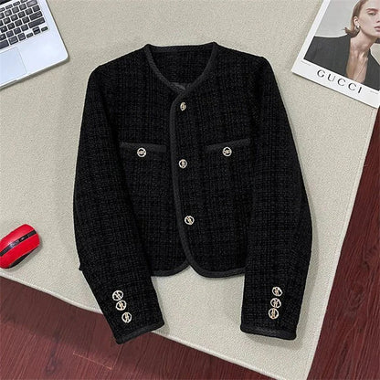 Spring Autumn New Single Breasted Pockets Round Neck Short Women Suit Jackets Long Sleeve Black WineRed Ladie Blazer Tops Trend