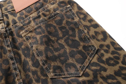 High Waisted Leopard Print Jeans for Women Y2k Retro Streetwear Denim Pants Hip Hop Straight Wide Leg Baggy Jeans