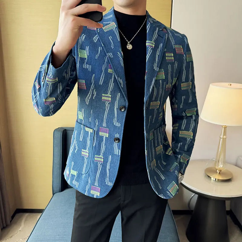 2025 New Luxury Denim Jacquard Suit Coats Men Fashion Slim Fit Suit Casual Business Party Coat Uniform Wedding Social Tailcoat
