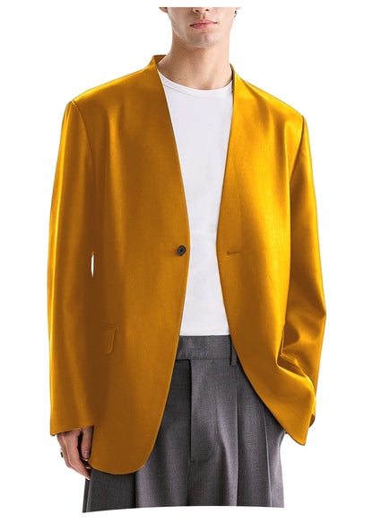 Luxury Men's PU Leather Blazer Collarless Jacket Loose 1 Button Elegant Solid Color Coat for Party Wedding Office Daily Wear