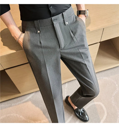 Mens Suit Pants 2026 Spring New British Style Elastic Waist Solid Casual Formal Dress Pants Slim Fit Trousers for Men Clothing