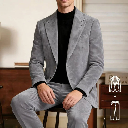 Vintage Men's Suede Tuxedo Suit Slim Fit 2-Piece Set Peak Lapel Formal Blazer with Trousers Sport Coat for Party Business
