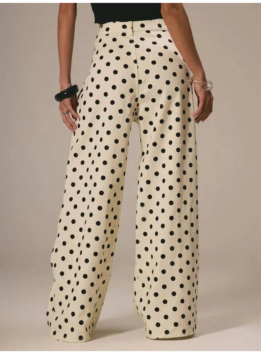 Spring Autumn High Wasit Jeans Pants Women 2026 Fashion Vintage Polka Dot Print Wide Legging Denim Trousers Bottoms Casual